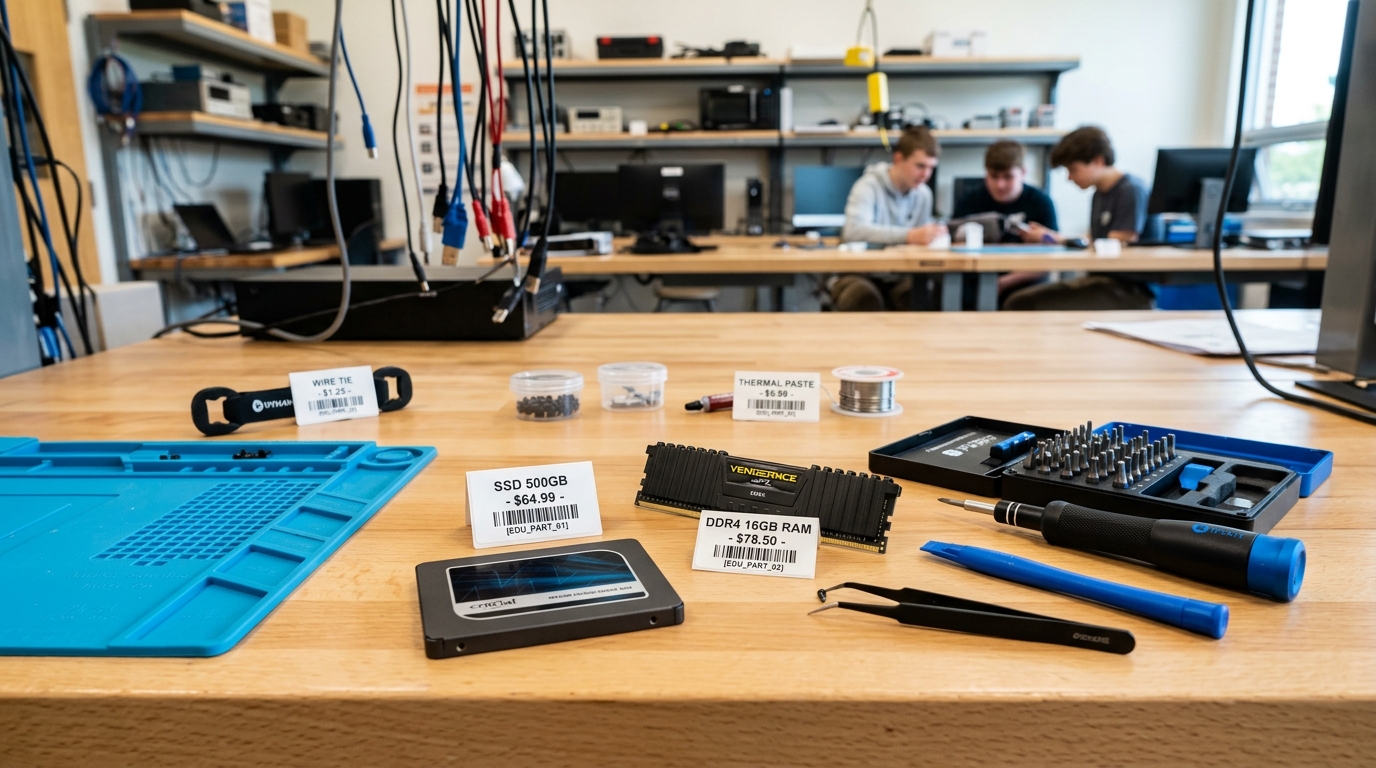 Taula de treball de taller d'informàtica amb discs SSD, memòries RAM i eines
