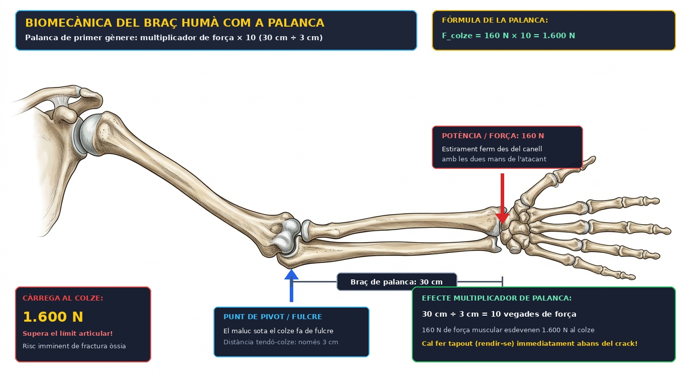 Diagrama biomecànic del braç humà actuant com a palanca mecànica amb la força de 160 N aplicada al canell generant 1.600 N al colze