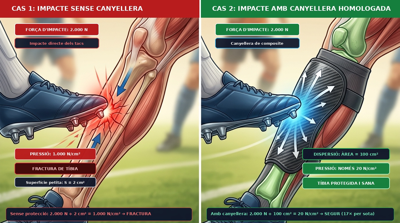 Biomecànica del xoc a la tíbia en futbol: sense canyellera (alta pressió i fractura) vs amb canyellera composta (força dispersada i tíbia protegida)