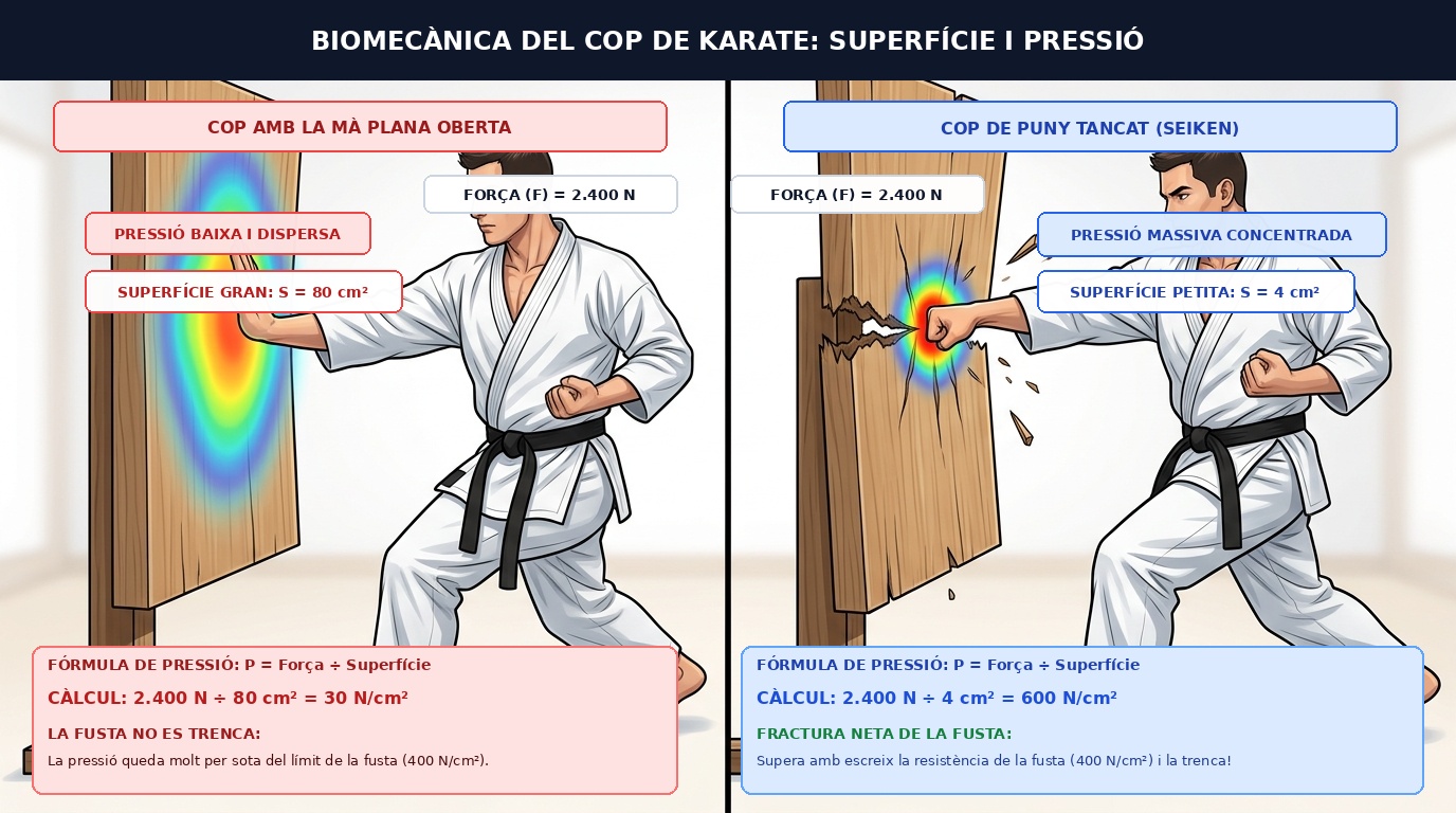 Comparativa biomecànica de pressió: mà plana oberta vs puny tancat amb els artells Seiken