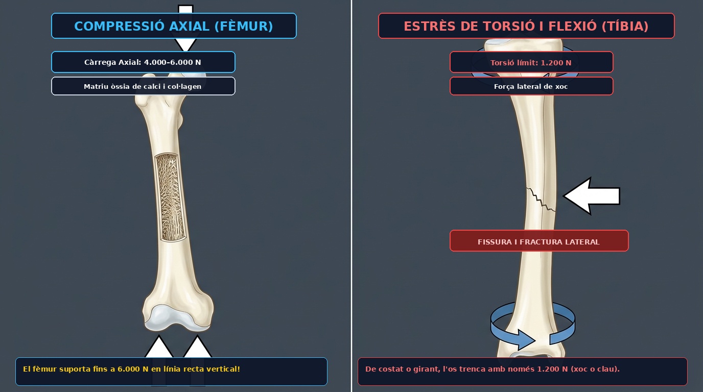 Biomecànica de la resistència de l'os humà sota compressió axial i flexió o torsió lateral